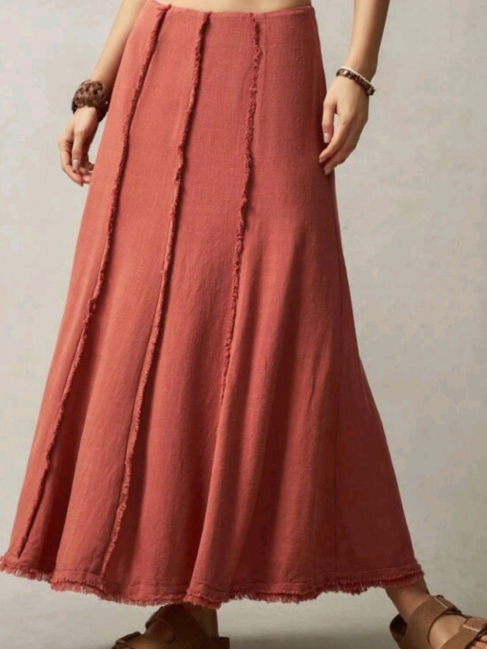 Frayed Panel Linen Blend Maxi Skirt - Rust